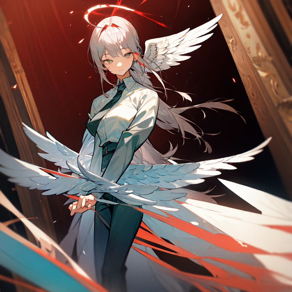 Gray Hair　Lots of decorations in the hair、God Aura、
Angel Halo、wing、from the front、High Definition Head to Shoulders