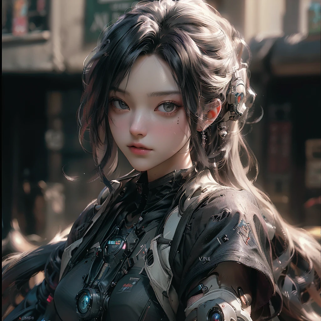 ((Best Quality)), ((Masterpiece)), (Detail: 1.4), (Extremely Detailed CG Uniform 8k Wallpaper), 3D, A Beautiful Cyberpunk Female Figure, HDR (High Dynamic Range), Ray Tracing, NVIDIA RTX, Super-Resolution, Unreal 5, Subsurface Scattering, PBR Texture, Post-processing, Anisotropy Filtering, Depth of Field, Maximum Sharpness and Sharpness, Multi-layer Texture, Albedo and Highlight Maps, Surface coloring, precise simulation of light-material interactions, perfect proportions, Octane Render, two-color light, large aperture, low ISO, white balance, rule of thirds, 8K RAW, finger detailing, refined facial features, focus on the face