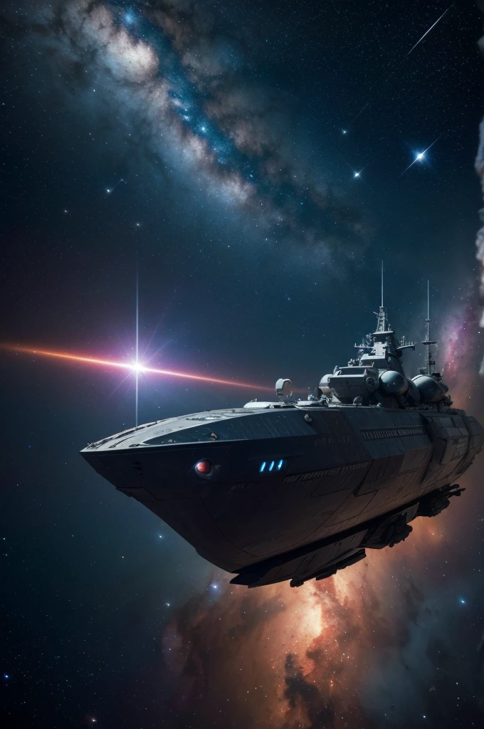 a long spacebattle spacecraft floating in front of a nebula, masterpiece, best, photo realistic space scene, futuristic space battleship