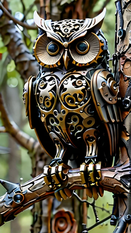An amazingly detailed mechanical steampunk owl、Perched gracefully on a gnarled tree branch。, His piercing gaze is directed directly at the viewer.. The creatures&#39; eyes are intricately painted, It captures the mysterious glow of a dark nebula flickering in the background.. The soft bokeh adds a mystical touch to this enchanting scene..