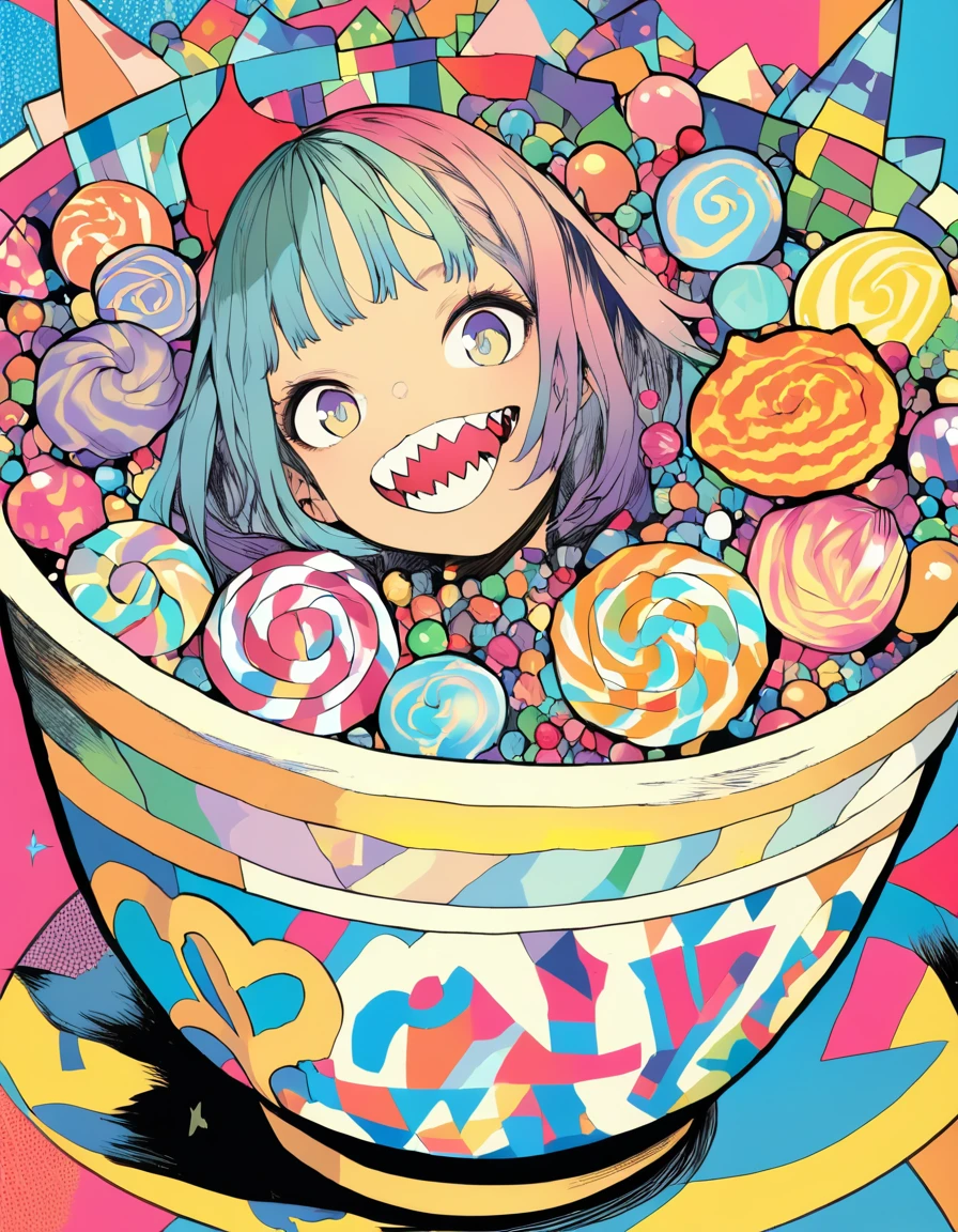 ultra-detailed:1.3, ultra delicate and detailed face:1.3, (absurdres, texture, masterpiece), pop art, no outline, minimalism, pixiv contest winner, by Posuka Demizu, dynamic manga-style illustration of candy devils with shark teeth, They are crowded in the candy pot with lively atmosphere., The background is richly detailed with geometric shapes that add depth to their figure's presence. The background features bold colors and intricate fibonacci sequence designs that add to to the overall visual appeal. This artwork showcases vivid hues.