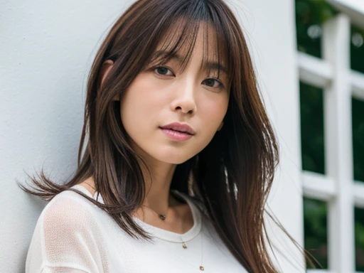 (Highly realistic photos, High resolution, Detailed face, Beautiful Eyes), ((Photographed in front of a white wall))、Japanese women, 40 years old, A variety of expressions, alone:1, Slim figure, Various Hair Styles, Casual clothing, 写真にaloneいる、Long sleeve dress、Photographed in natural light、Simple Necklace、Spring Clothes、Don't look at the camera、profile、Dark brown hair color