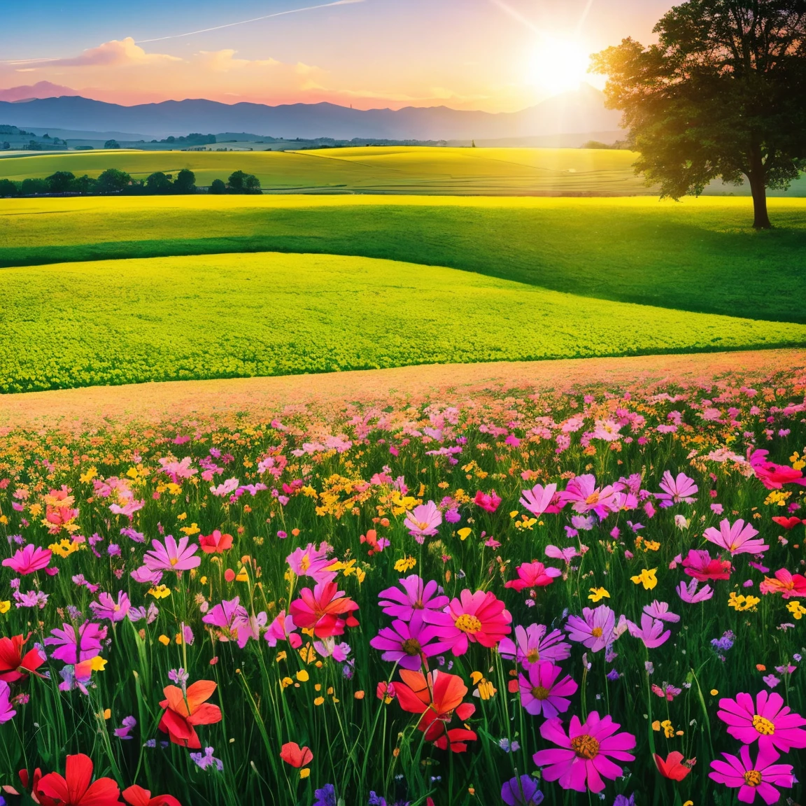 a field of flowers with the sun shining in the background, bright sunny summer day, 🌺 cgsociety, sunny meadow, bright and sunny day, sunny day time, bright summer day, in a sunny day, bright sunny time, beautiful sunny day, on a sunny day, bright sunny day, by Igor Zenin, sunny morning light, beautiful flowers, meadow flowers