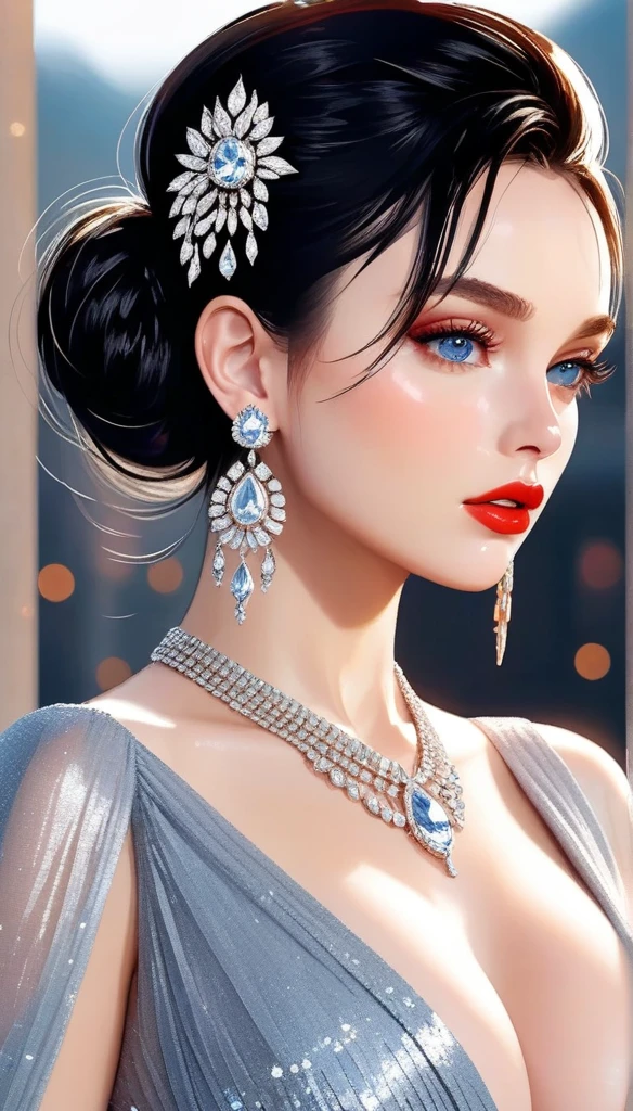 (masterpiece, best quality), intricate details, , a beautiful woman wearing earrings, inspired by Emma Andijewska, draped in crystals, silver color, long earrings, sandra chevier, huge earrings, 2019, blue-eyed, platinum jewellery, earring, flawless structure, silver earring, big breasts ,red lipstick, bracelet, necklace, single hair bun