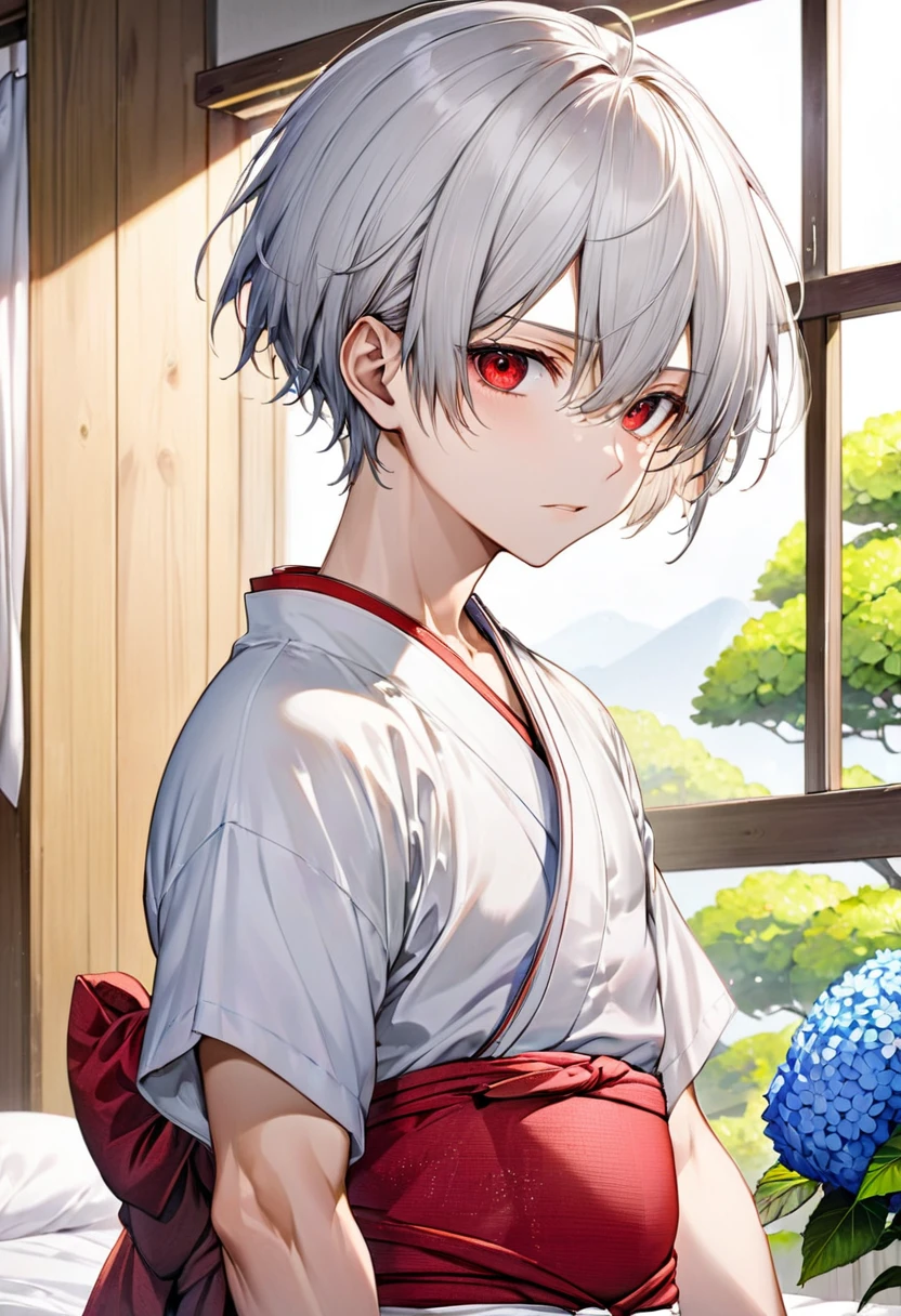 (japanese festival style) (16 yo, solo crew cut silver hair very short hair divine sword fighter boy, detailed cool red eyes, serious face, flat chest), (in a japanese fundoshi:1.4), break, (in the simple bedroom, background Through the window, out side A cluster of hydrangeas), BREAK, perfect anatomy, masterpiece, best quality, 16k, beautiful detailed grow, daydreaming expression.