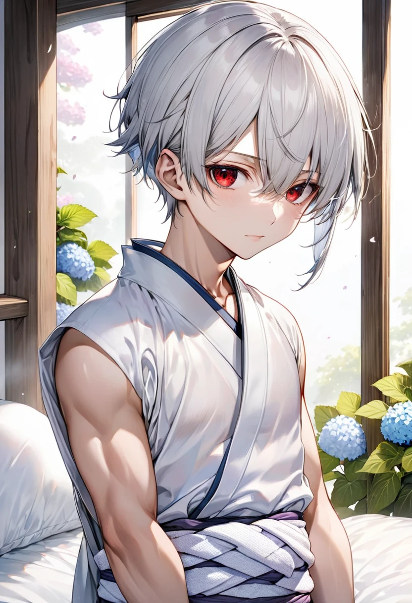 (close up face) (16 yo, solo crew cut silver hair very short hair divine sword fighter boy, detailed cool red eyes, serious face, flat chest), (in a japanese loincloth, fundoshi:1.4), break, (in the simple bedroom, background Through the window, out side A cluster of hydrangeas), BREAK, perfect anatomy, masterpiece, best quality, 16k, beautiful detailed grow, daydreaming expression.