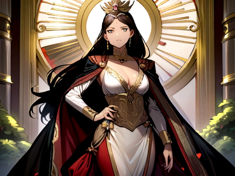She is a queen of a city in ancient Greece. His hair is black and his eyes are blood red.. She wears a gold tiara around her head. He wears a gold earring in each of his ears.. He wears a necklace decorated with precious stones around his neck.. She is dressed in a red and black ancient Greek dress..