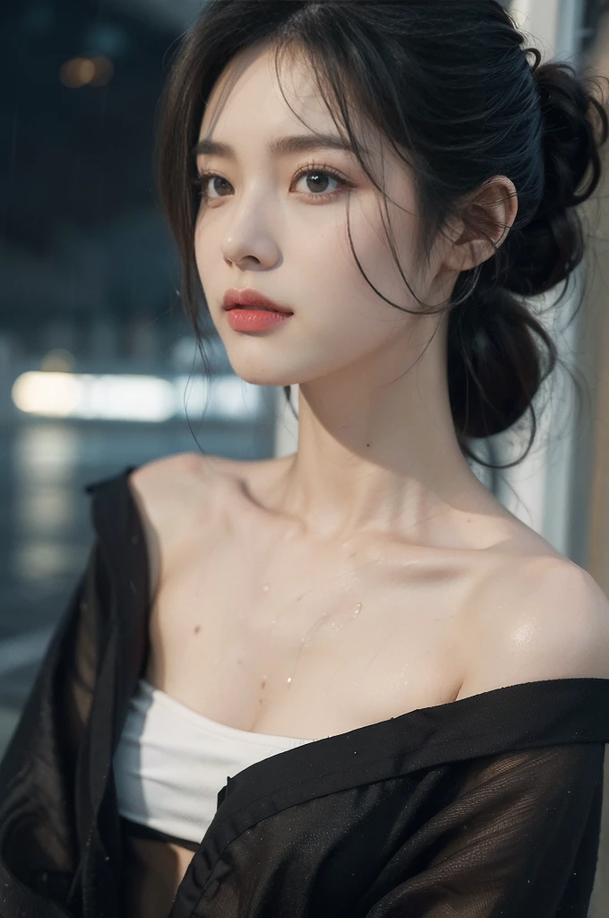 (((best quality))),(((ultra detailed))),(((masterpiece))),illustration,1girl, young,solo, slim,thin,short ponytail,small breasts,flat chest,strapless white bra,rainy night, heavy rain, drenched clothes, melancholy expression, solitude, tear rolling down cheek, wet hair, empty streets, dimly lit, deserted environment, sound of rain, footsteps, symbol of hope, abandoned, resilience, determination, walking in rain, heartbreak, loss, love fading, loneliness, body language, facial expression, dreary atmosphere, rain-soaked streets, somber mood, viewer engagement,((close-up of face,from front)),urban scape,night scene