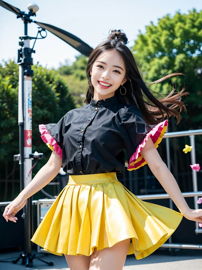 Colorful photograph, Uplifting, ((masterpiece, best quality, absurdres, 8K, super fine illustration, detailed eyes, beautiful face, light smile, shiny skin)), ung girl, Colorful top Idol, Smile full of happiness, whole body, good style, ((Idol costumes with 5 or more colors;1.5)), ((Idol costumes with lots of frills)), very cute idol costumes, colorful balloons, Many large and small soap bubbles, (Dancing dynamically;1.2), (kicking one leg high;1.2), ((Dancing on a gorgeous outdoor stage;1.4)), very luxurious stage, amazing gorgeous stage, ((extremely detailed Fluttery micro mini skirt, extremely detailed colorful skirt. micro mini Skirt very fluttering in the wind;1.4)), (((skirt is flipped up by the wind;1.5)))
