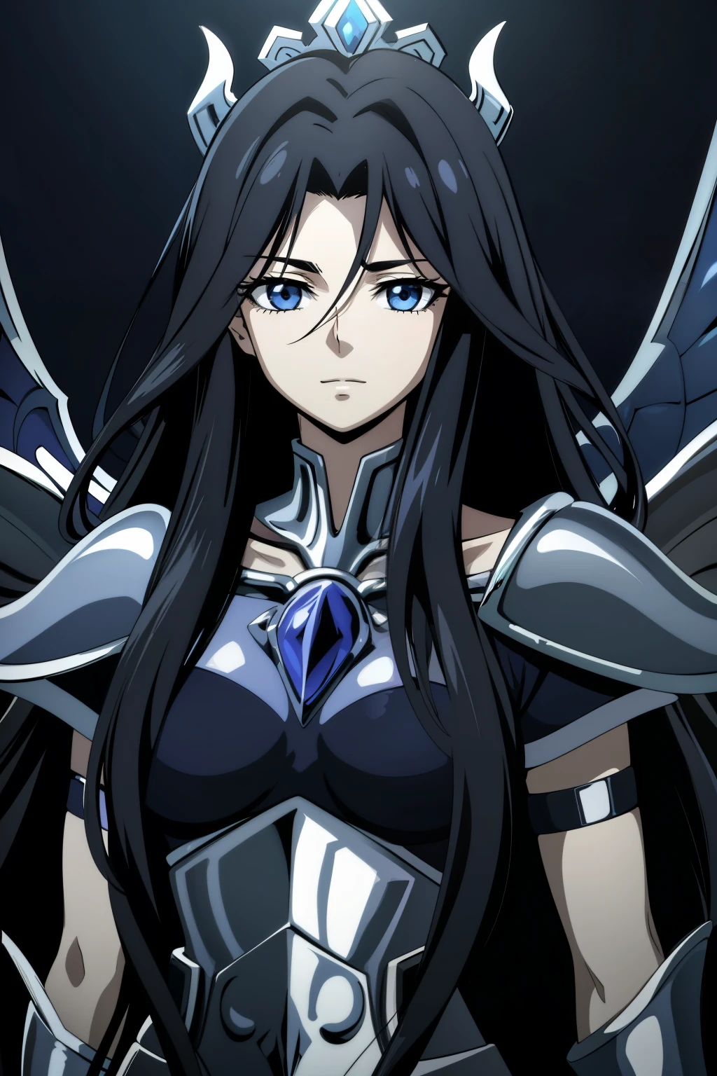 (high-quality, breathtaking),(expressive eyes, perfect face) portrait, Symmetrical Eyes, 1girl, girl, solo, young adult, black hair, blue coloured eyes, stylised hair, gentle smile, medium length hair, loose hair, side bangs, wavy curley hair, fluffy hair, looking at viewer, portrait, black background, slightly narrow eyes, C cup size breasts, parted hair, Persephone Saint Seiya, soft eerie blue lighting backround, rock terrain background, Hades Armor, Hypnos Armor, Thanatos Armor, Dark Black Purple Armor, trim, full plate
