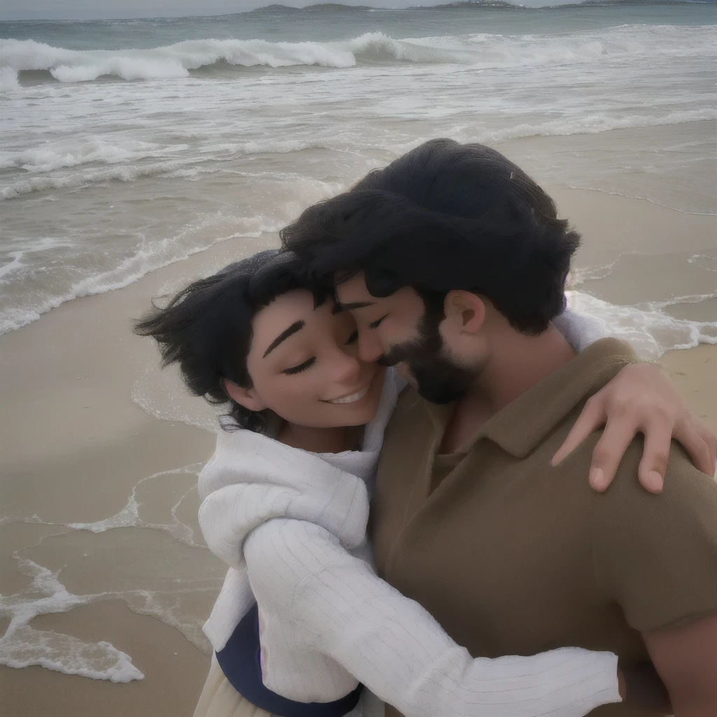 there is a man and woman hugging on the beach, lovely couple, at a beach, couple pose, in love selfie, eyes closed, in the beach, at the beach, on a beach, romantic couple, they are in love, posing on a beach with the ocean, beach pic, at the sea, hugged, smiling,