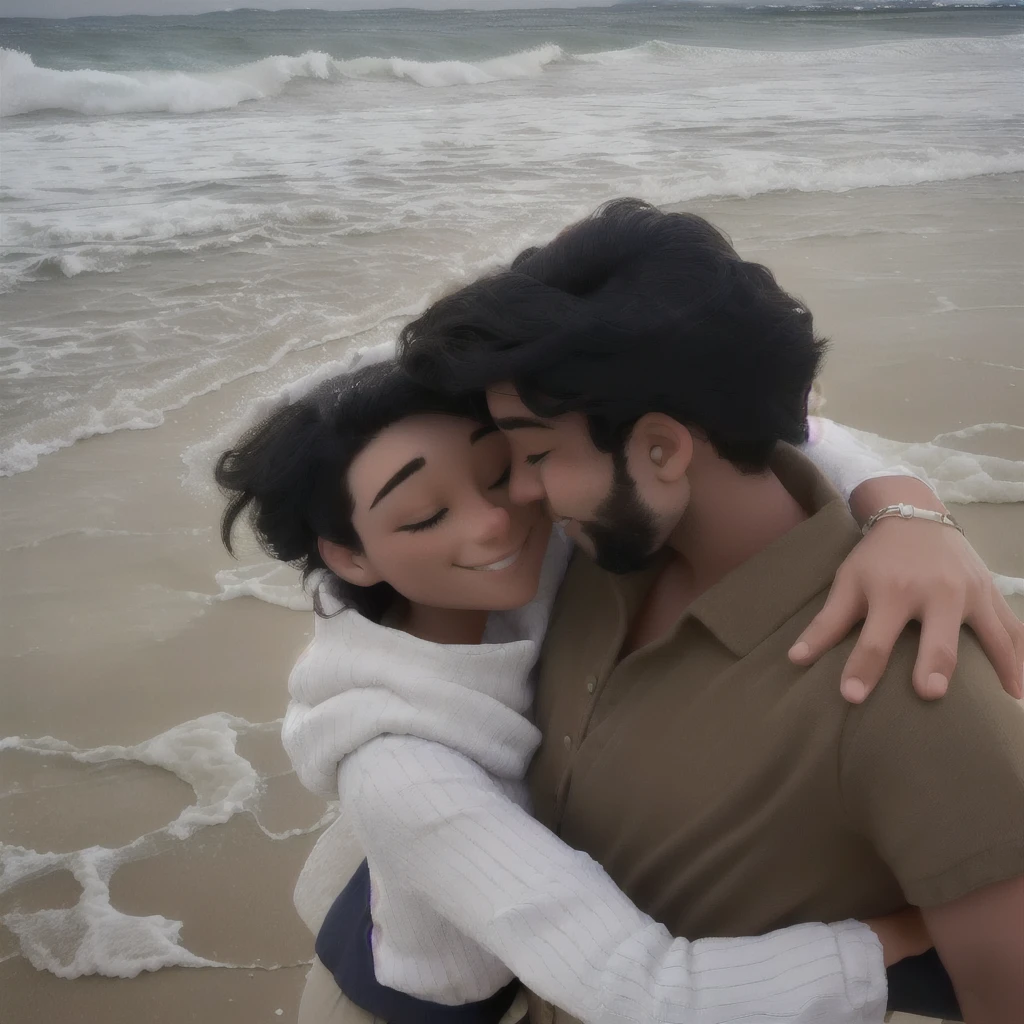 there is a man and woman hugging on the beach, lovely couple, at a beach, couple pose, in love selfie, eyes closed, in the beach, at the beach, on a beach, romantic couple, they are in love, posing on a beach with the ocean, beach pic, at the sea, hugged, smiling,