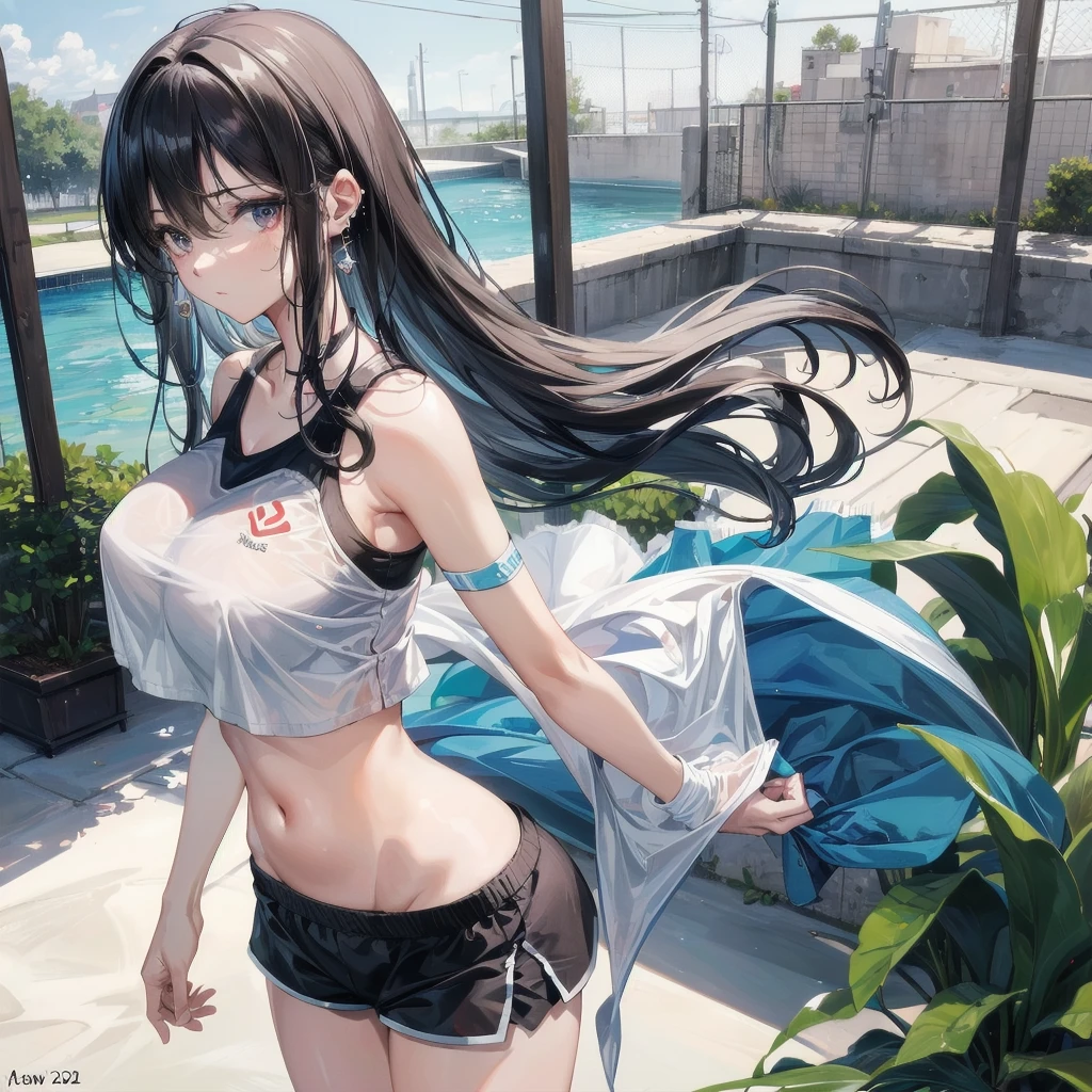 ((((absurdres, RAW photo, extremely delicate and beautiful, masterpiece, Best Quality, ultra high resolution, 32k, hyperrealistic, ultra-detailed)))), in her 20s, very Slim body, narrow waist, very small head, very small face, delicate facial features, beautiful face, beautiful eyes, (((very huge round tits))), medium hair, black hair, wavy hair, tearful mole, earring, full body shot, Tennis uniform, bare shoulders, midriff, shorts,