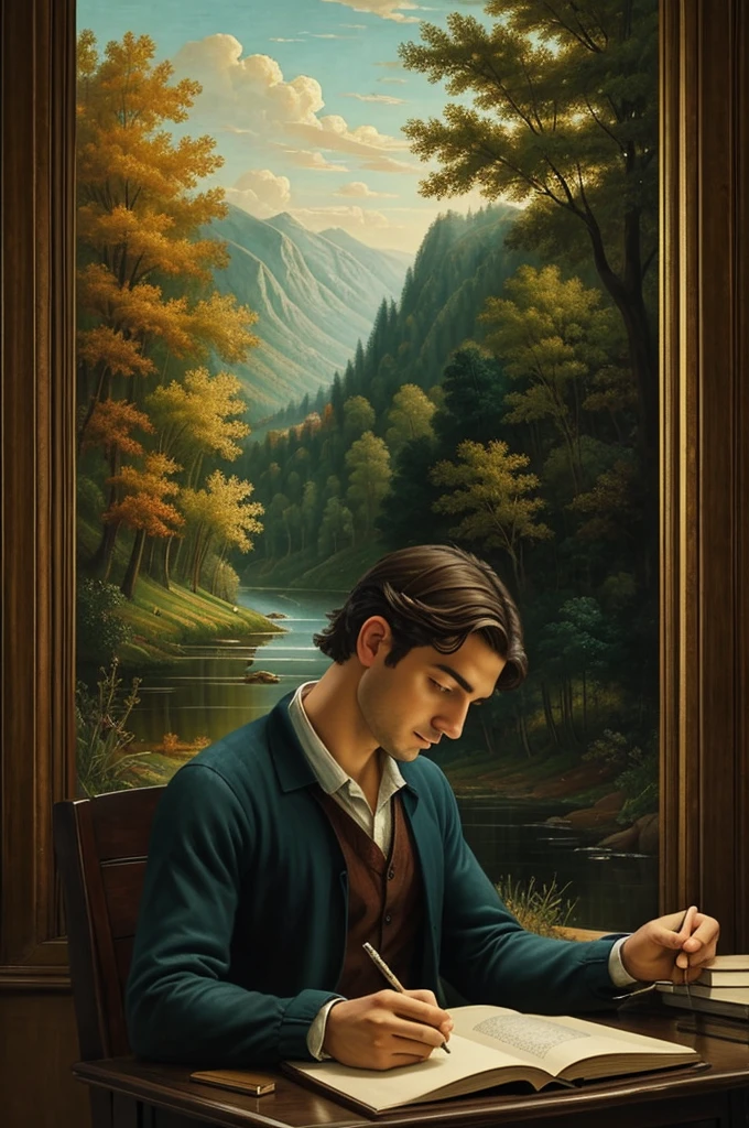 Image that looks like a painting of someone writing in a book that shows the beautiful atmosphere