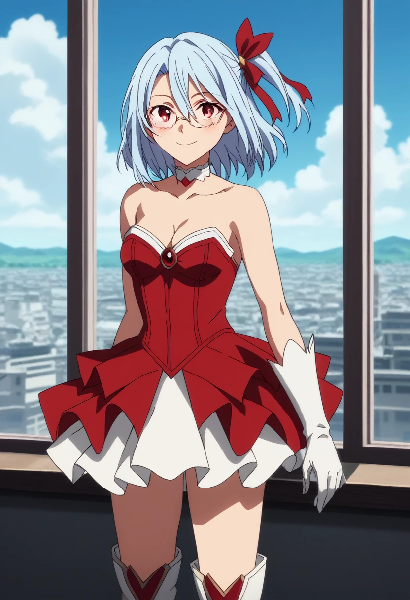 score_9, score_8_up, score_7_up, score_6_up, source anime BREAK, anime screencap, dynamic shadows, atmosferic, 1girl, solo, (red eyes:1.5), detailed eyes, light blue hair, medium hair, one side up , bangs, hair between eyes, hair ribbons, magical girl dress, strapless, choker, white gloves, glasses, white boots, thighs, medium breasts, blush, smile, sexy, collarbone, cleavage, ((cowboy shot)), ((from front)), window, city, sky, clouds, night, (standing), (looking at viewer:1.0)