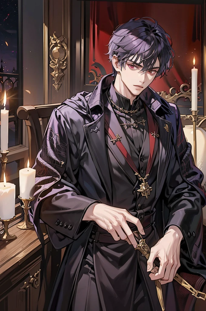 1 male, adult, tall and lean, handsome, short purple hair, dark red eyes, condescending, bad boy, a prince dressed in black with gold embroidery, medieval, fantasy, close up, candles and black magic