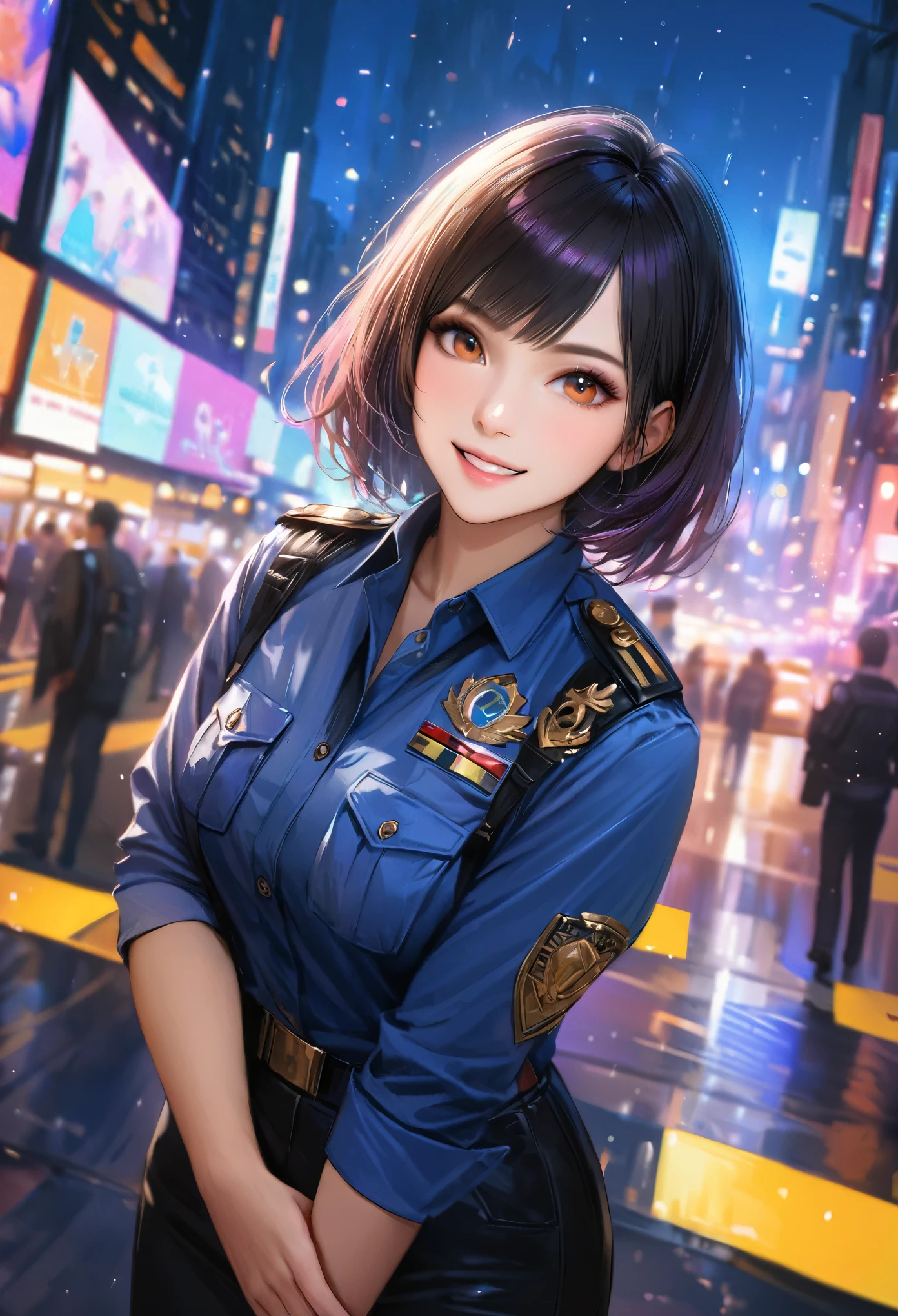 Roads in the city, Clear sky, policewoman, Blur the background,smile,Glitter effect,Highest quality, 8K, High resolution, masterpiece:1.2, Very detailed, Realistic:1.37, High resolution, 超High resolution, Ultra-fine painting, Very detailed, Professional, Vibrant colors