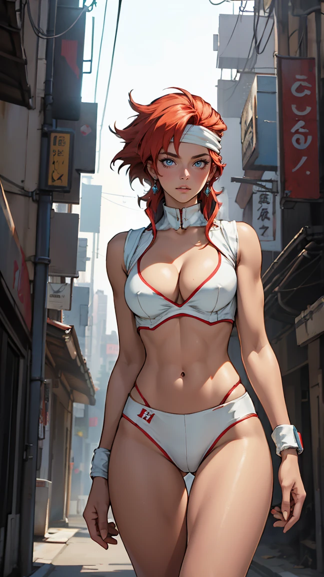 ((Masterpiece, highest quality; 1.3)), super quality, beautiful detail, super detailed, extra fine, 16K, exquisite, absurd, high resolution, beautiful background, detailed background, beautiful eyes, beautiful skin, anime style, Kay from Dirty Pair in a white outfit, tight outfit, cleavage, bushy redhead beauty, very light blue uniform, wearing tight clothes, skimpy, (mid chest: 1.2), cleavage, cleavage, slim waist , thin waist, slim thighs, thin legs, slim legs. thigh gap, showing stomach, skinny, thin hips, cyberpunk city background, holding retro space gun , headband,