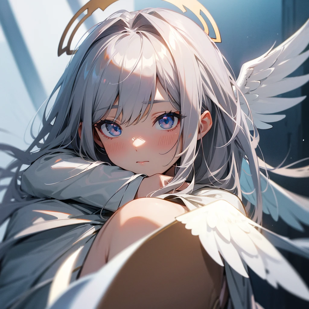 Gray Hair Lots of decorations in the hair、God Aura、
Angel Halo、wing、from the front、High-resolution head-to-shoulders face zoom