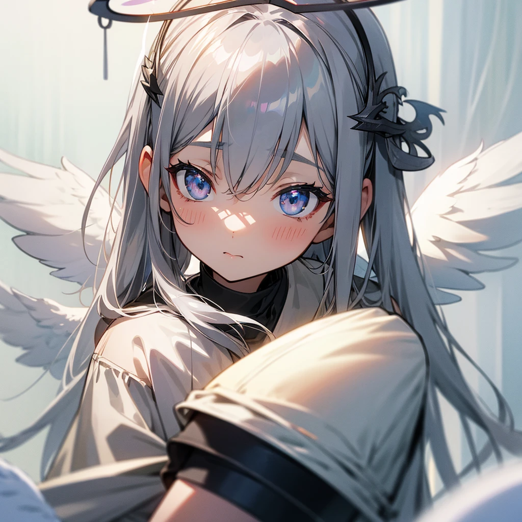 Gray Hair Lots of decorations in the hair、God Aura、
Angel Halo、wing、from the front、High-resolution head-to-shoulders face zoom
