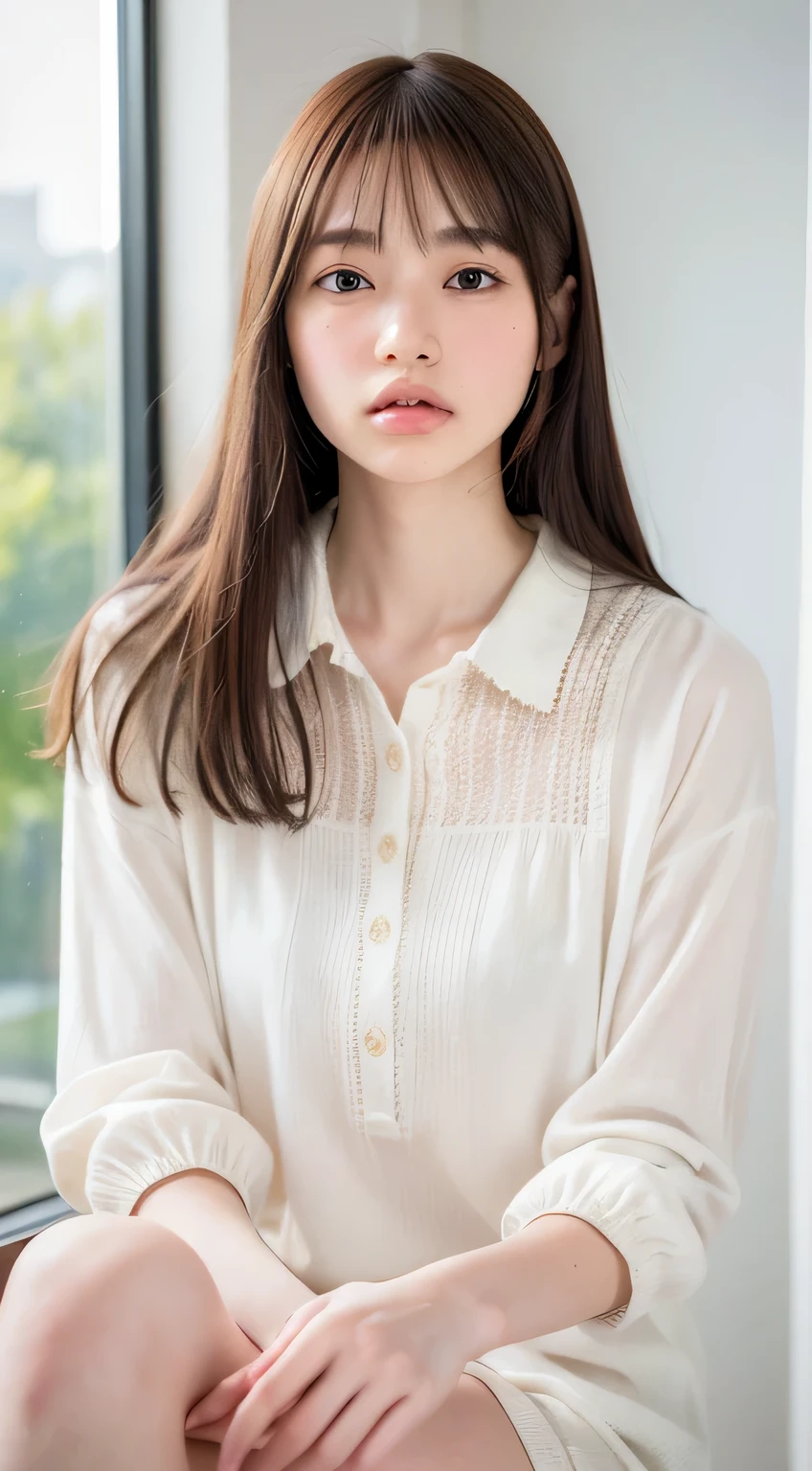 1人, (Full body), Unknown , detailed clothes, (delicate illustration:1.4),(masutepiece:1.0), (Best Quality:1.4), (超A high resolution:1.2), (Photorealistic:1.4), (8K, Raw photo:1.2), (Soft Focus:1.4), (18year old:1.3), (Sharp Focus:1.4), (Renaissance art:1.4), Detailed beautiful face, (Blouse with white collar), sitting on