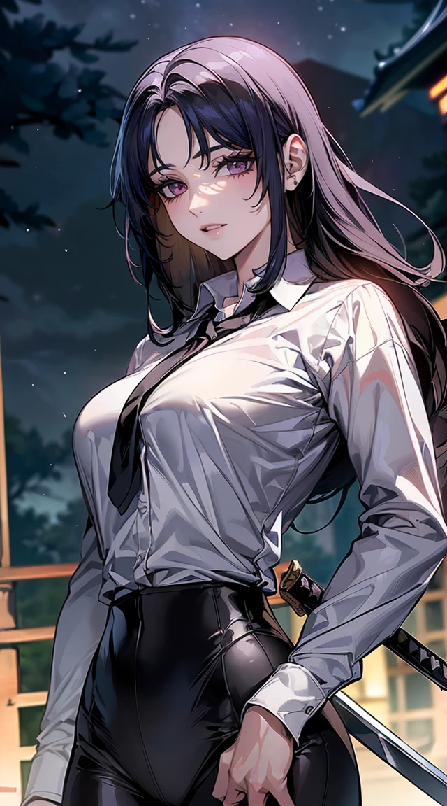 ((monsters looming:1.7、Woman fighting zombies))、((perfect anatomy,realist:1.3,raw photography:1.3,Masterpiece、of the highest quality、Ultra - high resolution、high resolution、Very detailed CG、8k)),cowboy shot,1 female,Alone,18 years、High school girl swordsman、18 yearsの美少女,Japanese,(((Beautiful face and detailed eyes:1.3,big and beautiful eyes:1.5,grey eyes,shy))),black fur, wide,(center parted hair,forehead),(big breasts, Skinny body,small head:1.3,Skinny),((Oily skin)),(glowing skin,shiny skin),(shiny black leggings、(white long sleeve collared shirt:1.4)、dynamic pose,Cut zombies with a sword、Fighting with Japanese swords、Accurately depicted Japanese sword、callejon、At night、Moonlight、SUCH、