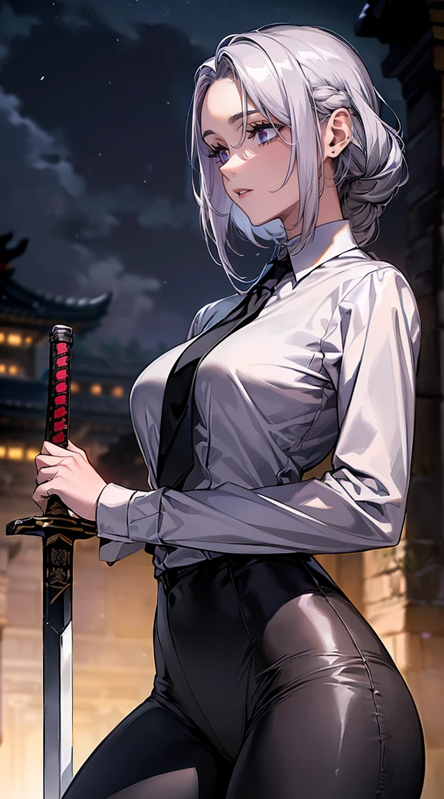 ((monsters looming:1.7、Woman fighting zombies))、((perfect anatomy,realist:1.3,raw photography:1.3,Masterpiece、of the highest quality、Ultra - high resolution、high resolution、Very detailed CG、8k)),cowboy shot,1 female,Alone,18 years、High school girl swordsman、18 yearsの美少女,Japanese,(((Beautiful face and detailed eyes:1.3,big and beautiful eyes:1.5,grey eyes,shy))),black fur, wide,(center parted hair,forehead),(big breasts, Skinny body,small head:1.3,Skinny),((Oily skin)),(glowing skin,shiny skin),(shiny black leggings、(white long sleeve collared shirt:1.4)、dynamic pose,Cut zombies with a sword、Fighting with Japanese swords、Accurately depicted Japanese sword、callejon、At night、Moonlight、SUCH、