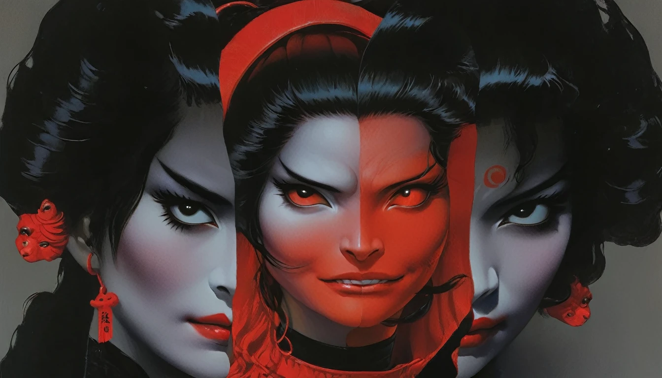 1 demon girl
Abnormaly elongated
gradient color
(red leather turtle neck tight with zipper),
black long hair
geisha, small intriquet demon hoard hyper detailed realism, clinging to her.
(art by Yoshitaka Amano ) intense dark feeling, scary, morbid