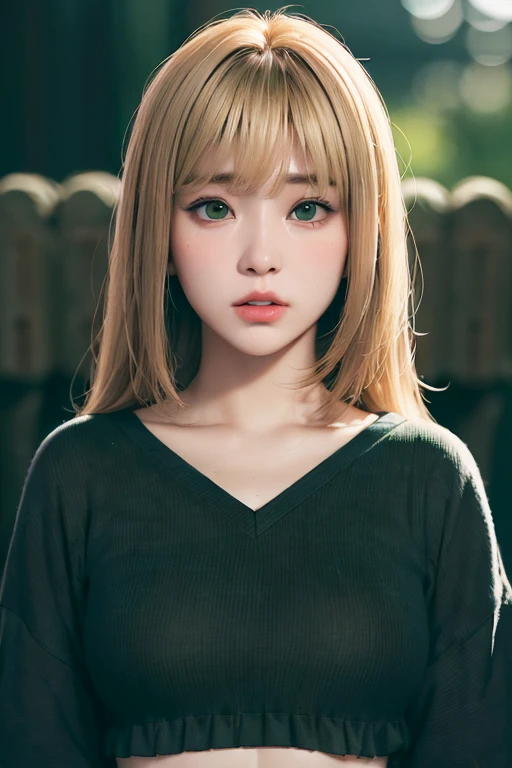 Masterpiece, Best Quality, (dark photo:1.3), photorealistic, 1 girl, flat bangs, Stunning face of innocent symmetry, stomach 1,50, has dark green eyes, blonde hair with korean bangs, He is of medium build and his face is round. (she is not asian) shirt, emotional, ulzzang, (pureerosface_v1:0.7)