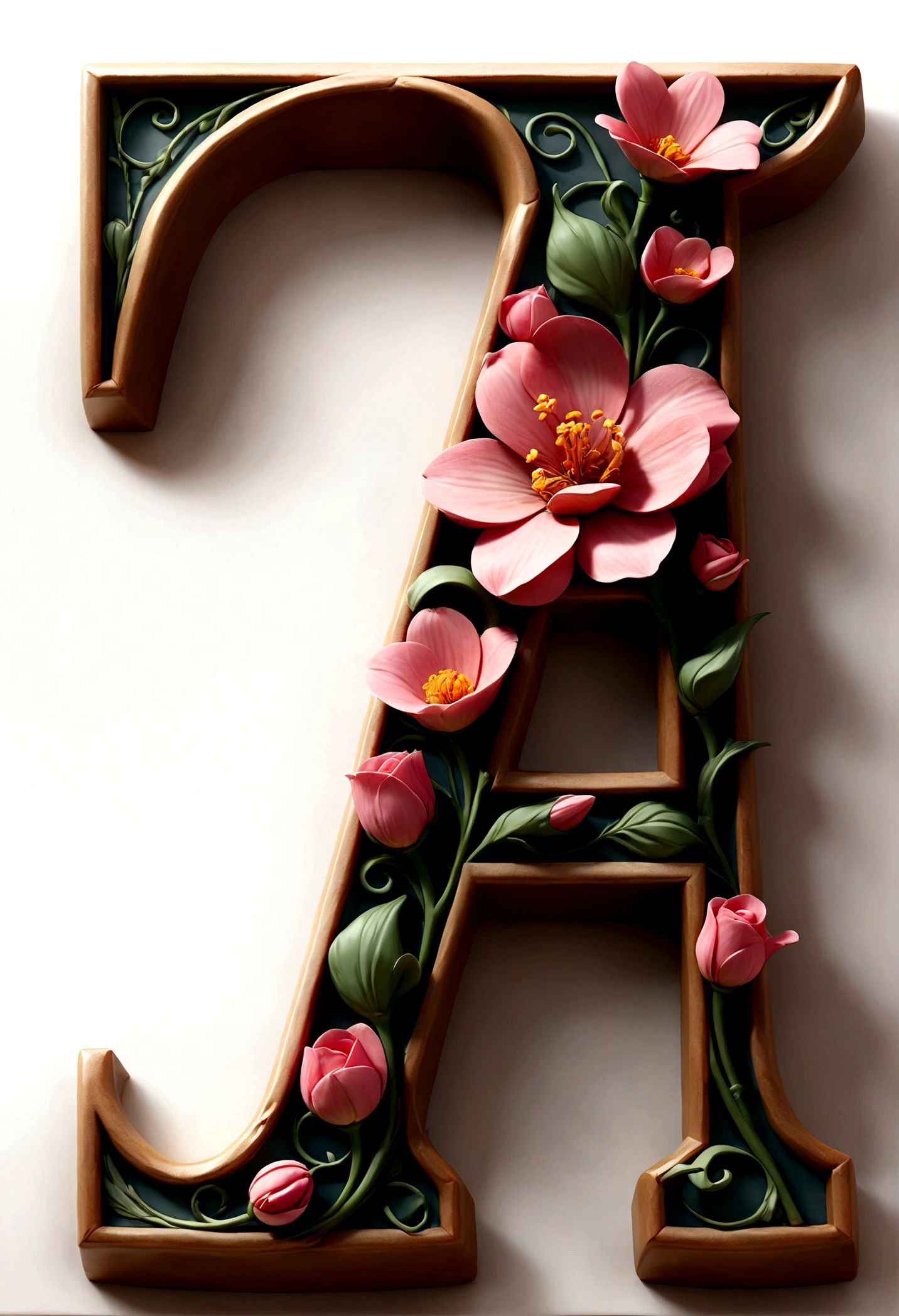 letter H with flowers, pink color, white background
