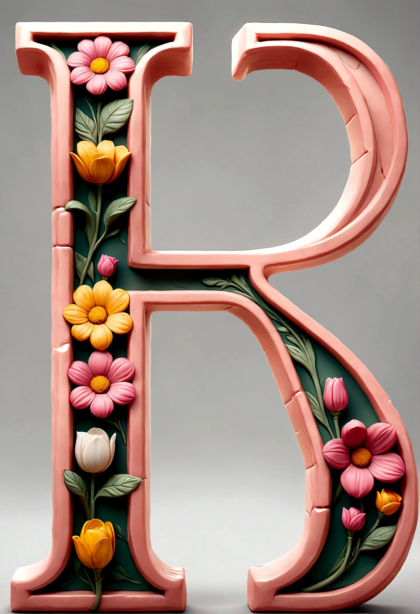 letter H with flowers, pink color, white background