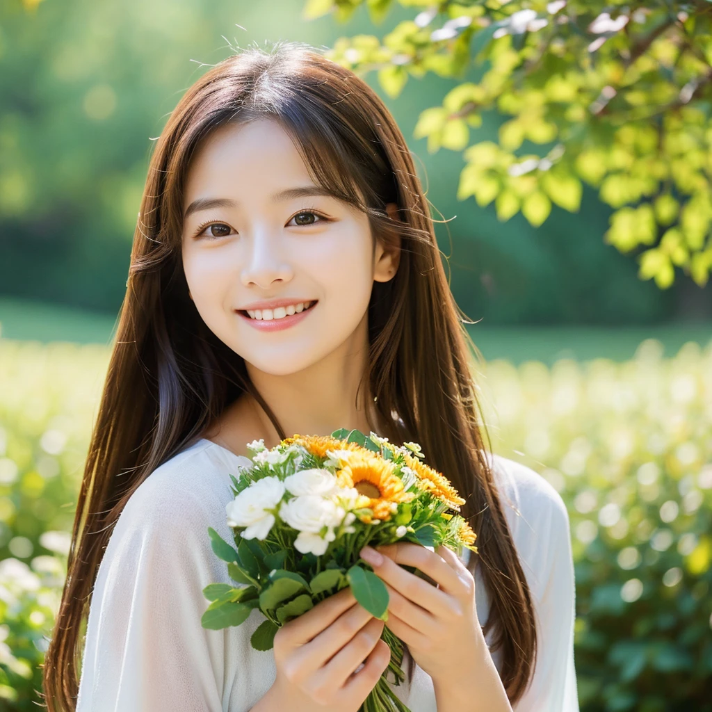 Create an image of a young woman around 25 years old, inspired by the provided image. The woman should have long, flowing hair and a gentle smile, holding a bouquet of flowers similar to the one in the reference. The setting should be a beautiful outdoor environment with greenery in the background, reminiscent of a sunny day. The woman should have a slightly more mature appearance while maintaining a warm and friendly expression. Ensure the lighting and color tones are soft and natural, highlighting her youthful yet mature beauty.