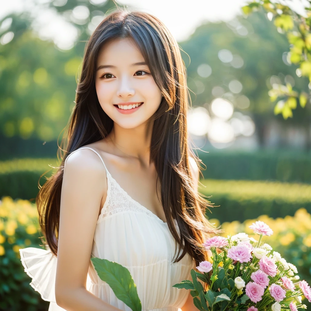 Create an image of a young woman around 25 years old, inspired by the provided image. The woman should have long, flowing hair and a gentle smile, holding a bouquet of flowers similar to the one in the reference. The setting should be a beautiful outdoor environment with greenery in the background, reminiscent of a sunny day. The woman should have a slightly more mature appearance while maintaining a warm and friendly expression. Ensure the lighting and color tones are soft and natural, highlighting her youthful yet mature beauty.
