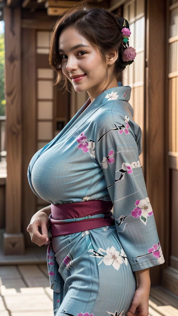 ((20 year old girl)), (Wearing a luxurious yukata, Jewelry: 1.4), ((Inside a Medieval Japanese Palace)), (at night), (((Huge breasts, cleveage))), (Hourglass figure), Lipstick, photoPractical, masterpiece, Practical, realism, photorealism, High contrast, photoPractical, 8k HD high definition detailed Practical, detailed, Texture, hyper detailed, Practical Texture, best quality, (photoPractical:1.4), high resolution, detailed, RAW photos, photo Practical, (high detailed skin:1.2), 8K Ultra HD, Digital SLR Camera, Soft lighting, high quality, Film Grain, Fuji XT3), hyper Practical lifelike texture dramatic lighting unreal engine, even, Neutral Light, Key Light, bold, Vibrant colors, sunlight, (Balanced Saturation), (Dynamic Lighting), (Natural Lighting), ((soft red Lipstick)), (Natural Makeup), ((Ginger Hair)), ((Glowing skin)), (Colored lights), (Gentle smile : 1.7), (Female pose : 1.5), ((Side angle shot : 1.7)), (Looking at the camera : 1.4)，Low-cut，Cleavage