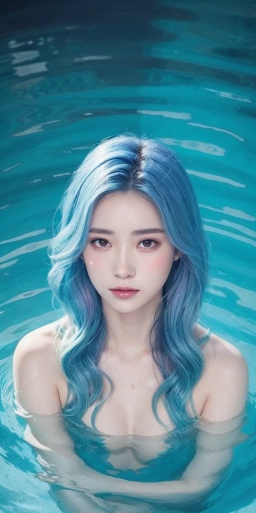 1girl, female water spirit, water-colored hair, spring water inside, a few drops of water on the skin,