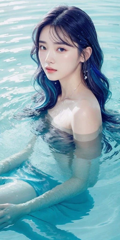 1girl, female water spirit, water-colored hair, spring water inside, a few drops of water on the skin,