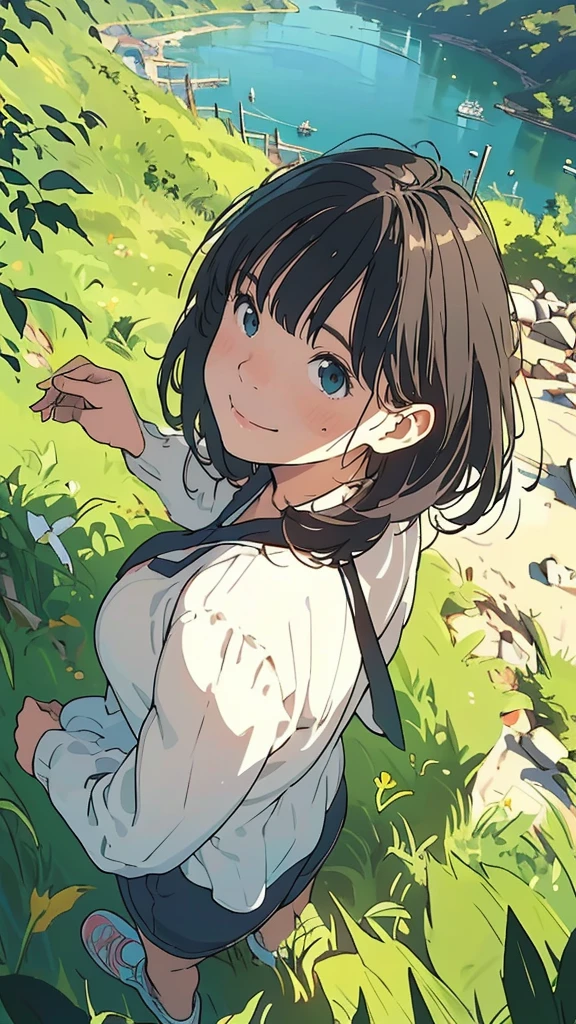 Affordable design, Clear lines, High Sharpness, (highest quality,8K,Perfect sharpness,Ultra fine,High resolution,masterpiece:1.2), Perfect Anatomy:1.5, Official Art, Illustrations that tell a story, (Whitish background:0. 9)、Body Positivity、Diverse physical expressions、(Random and mysterious poses))、Perfect beauty、Perfect beautiful face、(Very soft wind)、A rich expression、Dynamic composition、Golden ratio composition、Farbeful、((Farbe々Different angles and perspectives))、Anime drawings、((Overcoming stereotypes))、 Glowing Skin、(Natural beauty)、bangs、blue eyes、Straight short Hair、(Soft and flowing hair)、(countryside)、((Nostalgic atmosphere))、((Playful and carefree))、(diverse characters)、((Graceful posture))、(Sunny atmosphere)、(vivid Farbe)、Shorts、Brown Hair、smile、 ((Emotional))、Bangs、Natural reaction、Summer outfit、(short hair)、Put it up to your thighs、Strong winds、(Country Road)、Outdoor、Nature、grassland、running、Angle from behind、((Angle from directly above))