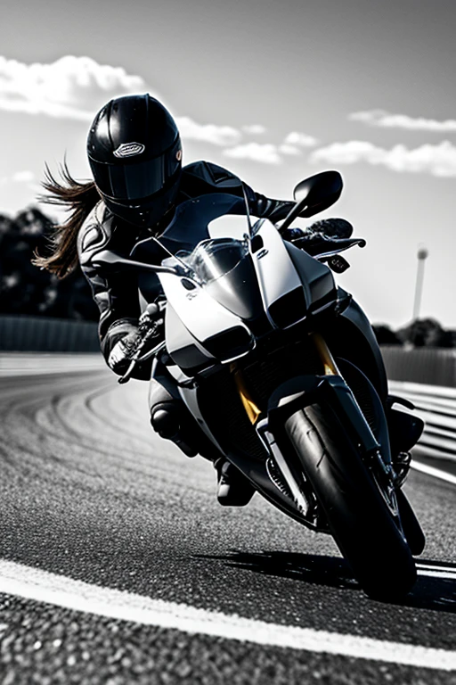 Arafed woman riding a motorcycle on a track black and white silhouette racing honda cbr ponytail hair in wind