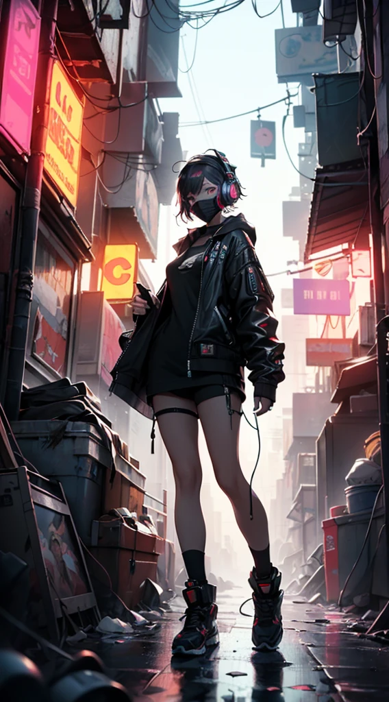 (an artistic photograph of a cyberpunk prostitute),full body shot shot, centred, with a headphone on my head and a mask on my face (extremely detaild:1.2), (intricate neon slums in the background:1.1), 超detailded, (soft lighting:1.2), high resolution, cinematic grain.