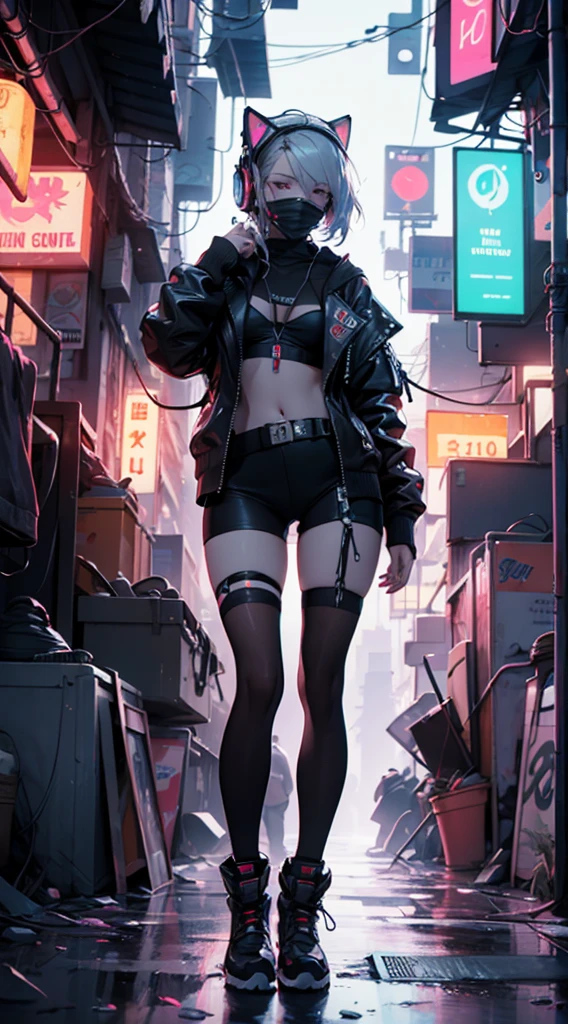 (an artistic photograph of a cyberpunk prostitute),full body shot shot, centred, with a headphone on my head and a mask on my face (extremely detaild:1.2), (intricate neon slums in the background:1.1), 超detailded, (soft lighting:1.2), high resolution, cinematic grain.