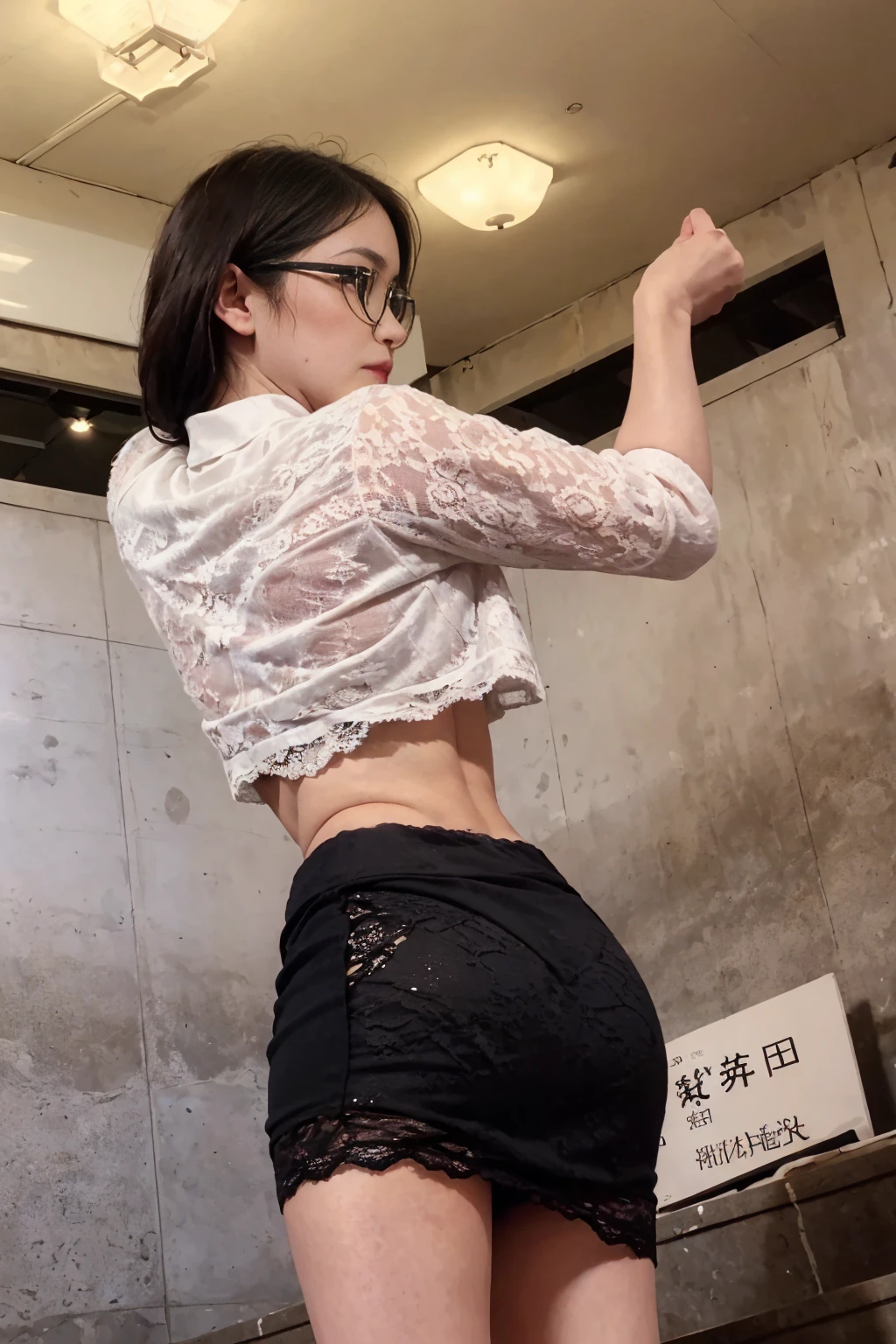 High resolution、high quality、High resolution、masterpiece、detailed、((Beautiful 40 year old mature woman standing on the stairs at the station))、 serious and quiet girl、Wearing elegant glasses、Glamorous body、、White shirt、Wearing white panties、Wearing high heels、 (Feeling embarrassed)、Only the face is turned sideways、((Rear View))、((Angle from directly below the rear:1.5)), Photo secrets、((View from directly below))、Close up on ass、((Back view))、There is one person、 (Black lace mini skirt:1.5)、(blush:1.2),、The whole body is visible