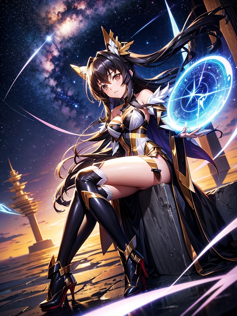 Highest quality,Highest Resolution,A beautiful girl in a metallic high-leg outfit, like Tsukuyomi Shirabe from Symphogear,Earth Behind,universe,Milky Way,Black Hair,