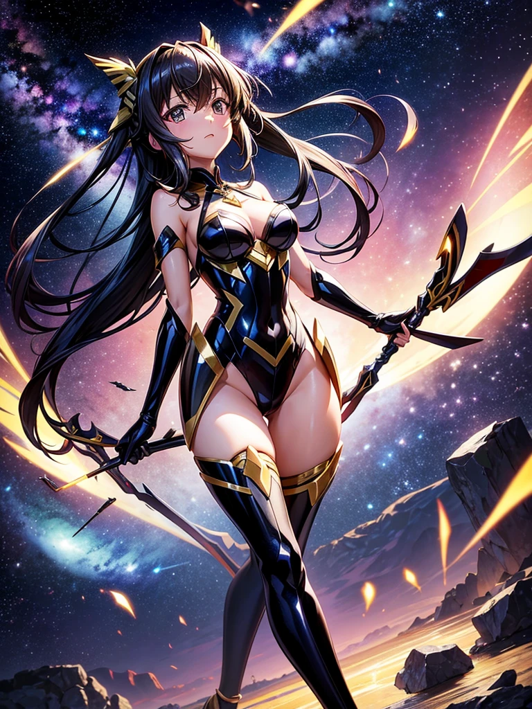 Highest quality,Highest Resolution,A beautiful girl in a metallic high-leg outfit, like Tsukuyomi Shirabe from Symphogear,Earth Behind,universe,Milky Way,Black Hair,