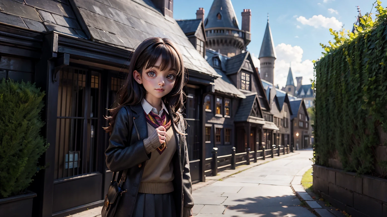 cute face girl, standing pose outside the harry potter school, full view of harry potter school,