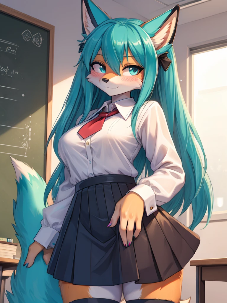 Miku Hatsune x vixen student costume, whole body, best high definition lighting, blushing face add_detail:1, Classroom, begins to unbutton her blouse add_detail:1, open blouse, parciality open blouse add_detail:1, She lifts her skirt with both hands and you can see her panties and vagina add_detail:3, sensual pose