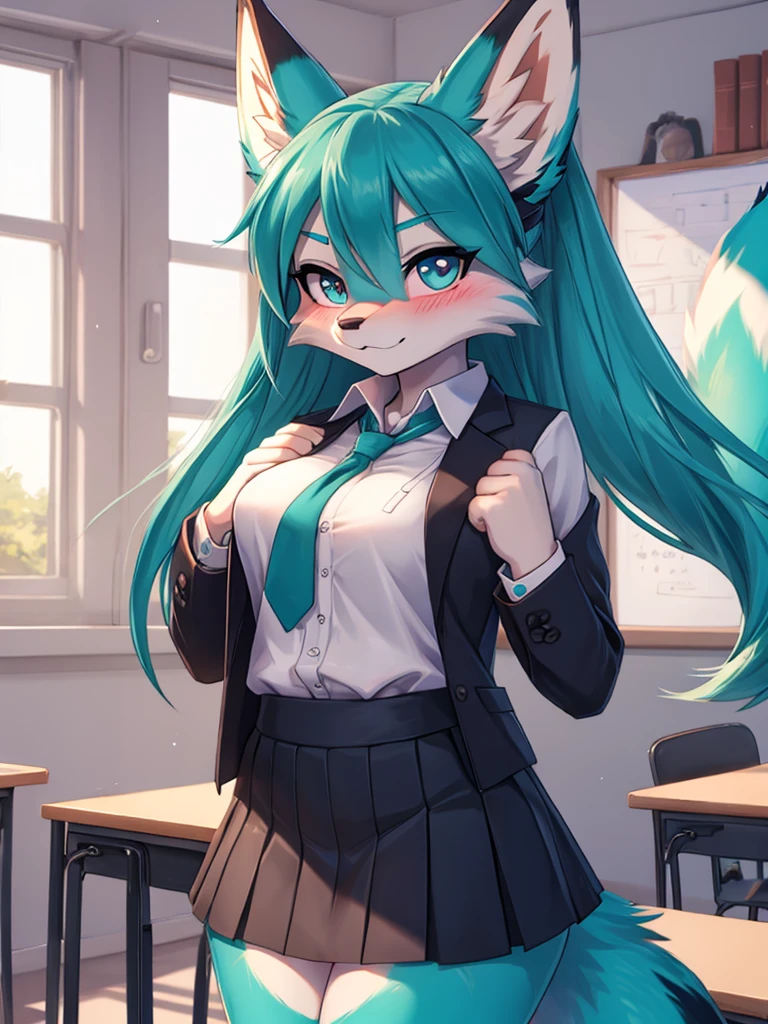 Miku Hatsune x vixen student costume, whole body, best high definition lighting, blushing face add_detail:1, Classroom, begins to unbutton her blouse add_detail:1, open blouse, parciality open blouse add_detail:1, She lifts her skirt with both hands and you can see her panties and vagina add_detail:3, sensual pose