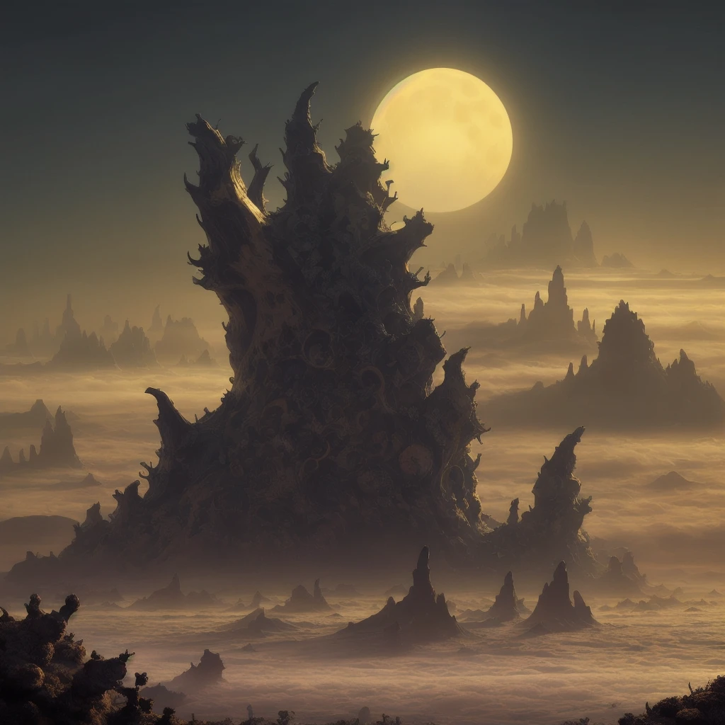 (DSLR photo), CosmicLandscapes, retro, (mysterious), blue sky, ((desert)), ((fog)), strange growths, (painting of alien landscape), moon, ocean, mountains on horizon, (alien plants), o chão é totalmente feito de água, mountains, gas giant in sky, shadows, stark, eerie, silence, stillness, fading light, fading glow, chiaroscuro, beautifully lit, cinematic lighting, dramatic lighting, natural lighting, naturalism, ((((golden ratio)))), detailed, 8K, by Bruce Pennington, Danny Flynn