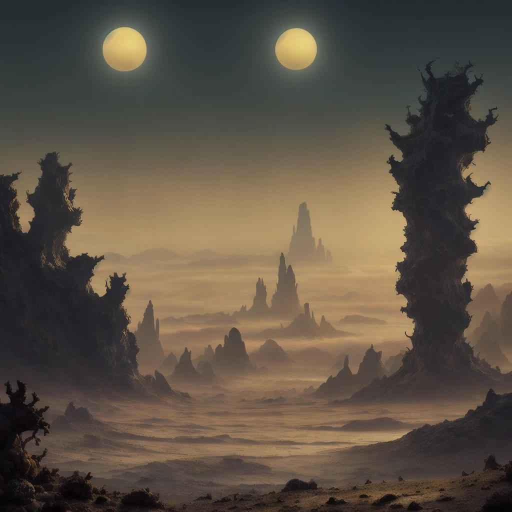 (DSLR photo), CosmicLandscapes, retro, (mysterious), blue sky, ((desert)), ((fog)), strange growths, (painting of alien landscape), moon, ocean, mountains on horizon, (alien plants), o chão é totalmente feito de água, mountains, gas giant in sky, shadows, stark, eerie, silence, stillness, fading light, fading glow, chiaroscuro, beautifully lit, cinematic lighting, dramatic lighting, natural lighting, naturalism, ((((golden ratio)))), detailed, 8K, by Bruce Pennington, Danny Flynn