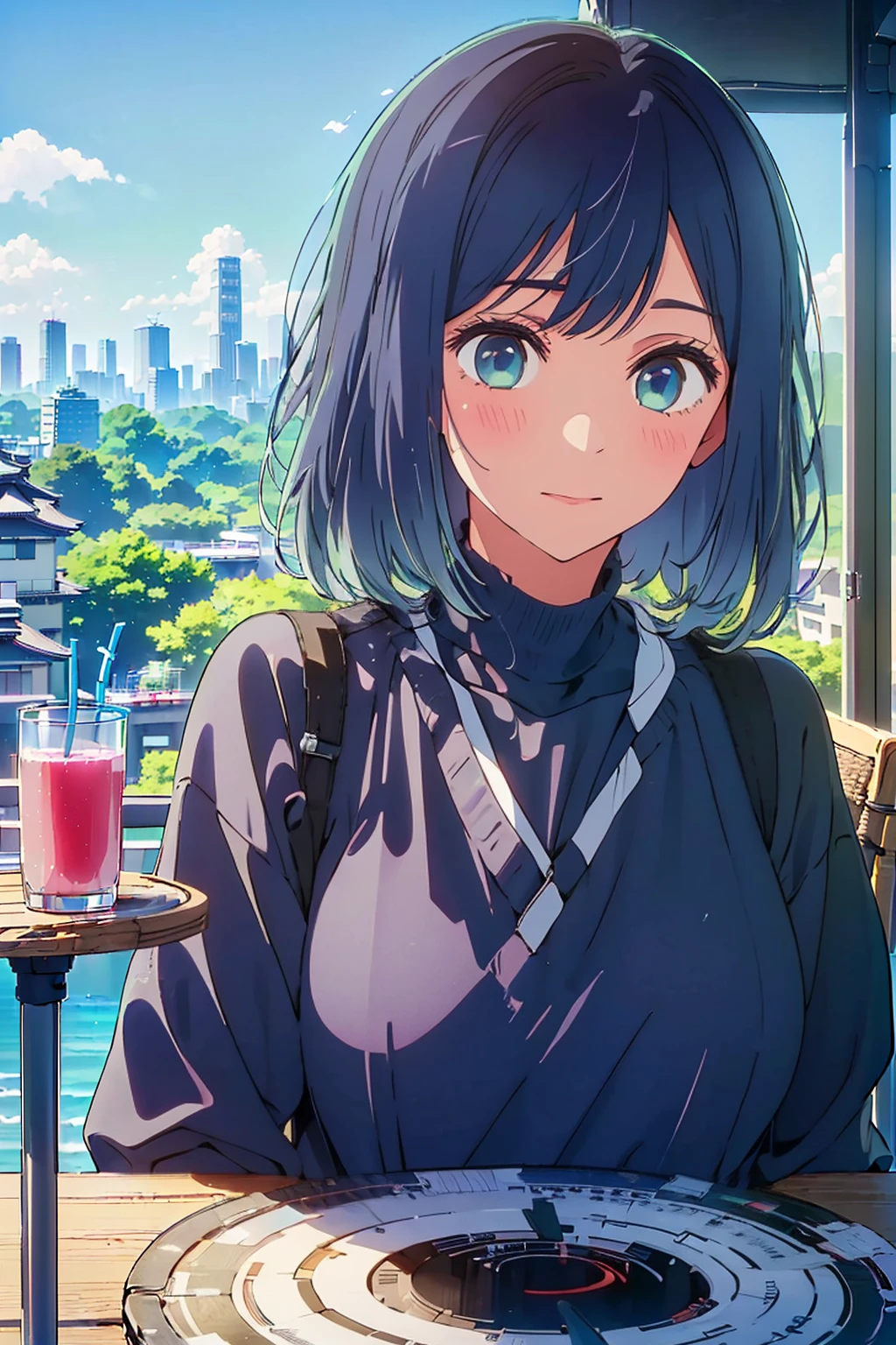 (Highest quality:1.4、masterpiece:1.4、超detailed:1.4、Ultra-high resolution:1.4、Absurd:1.4、Absolute Resolution:1.4、8K:1.4、detailed:1.4)、F cup bust、Big Breasts、Slim body、((((1 person、Surprised expression、sit、Chair、In the background are the urban buildings of Tokyo、coastal、looking at the camera、Outdoor café terrace、Navy hair color、juice、Shooting up close、table、Very cute face))))、Plain black blouson、Very blue sky、A completely cloudless sky