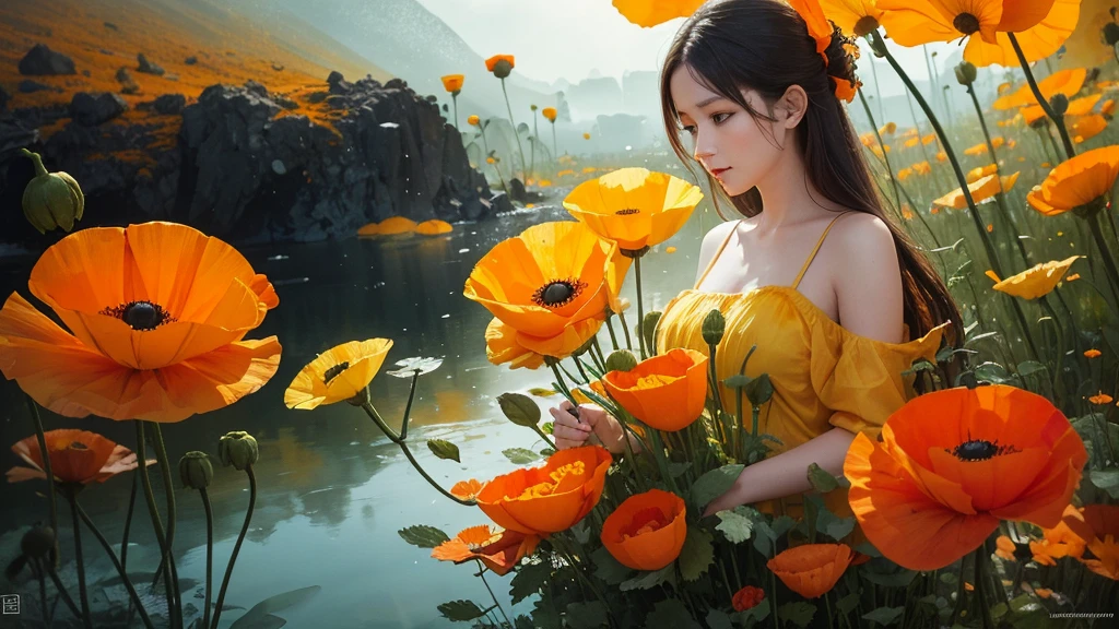 32k, Masterpiece, Highest quality, One girl, Detailed eyes, flower,Iceland Poppy, Orange and yellow style,A dreamy, romantic piece,Pale yellow, Mysterious Leaves,A playful arrangement,Fantasy,High Contrast,Ink strokes,explosion,Exposure, Impression of orange and yellow tones,Abstract,((Watercolours by John Berkey and Jeremy Mann )) Brush strokes,Negative Space, Tyndall effect,